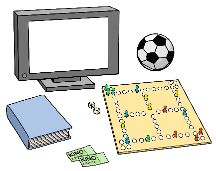 Ein Comuputer Bildschirm, ein Fußball und ein Buch sind auf dem Bild. Außerdem ein Brettspiel mit Würfeln und Figuren und Kino-Karten.